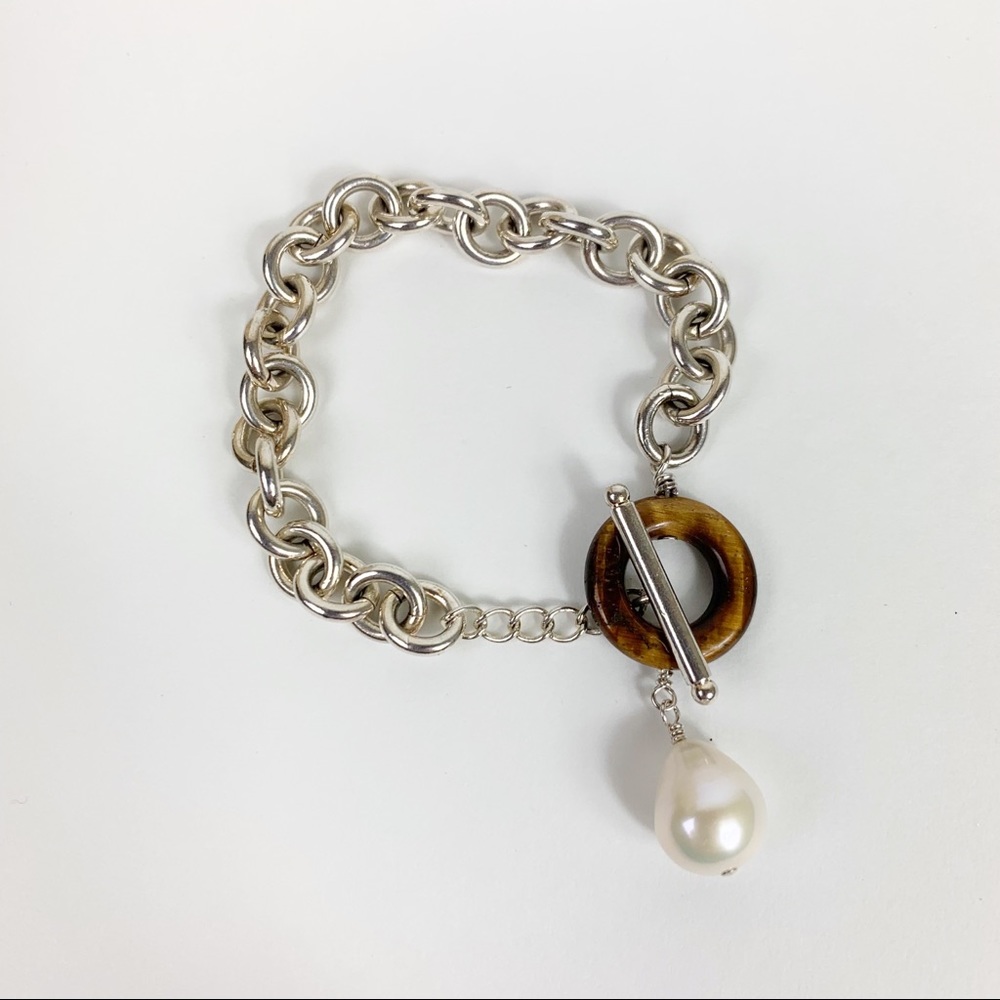 Upcycled Silver Plated Chain Bracelet Tiger’s Eye Pearl